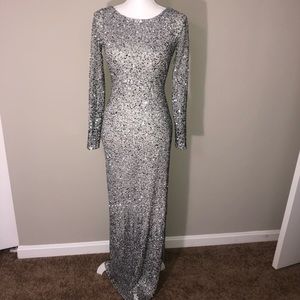 Silver long sleeve beaded dress slit on front